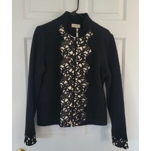 Venario Wool Lace Trim Jacket Women Medium Black Excellent Zip Mock Neck